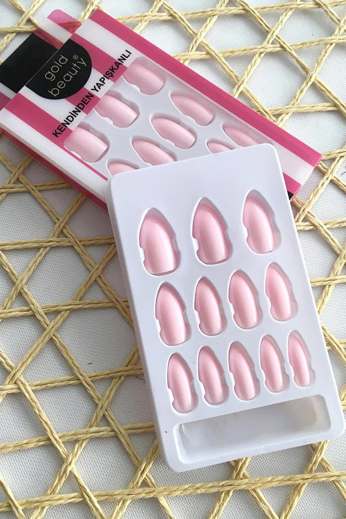 Gold Beauty Parlak 12'li Badem Pembe Takma Tırnak