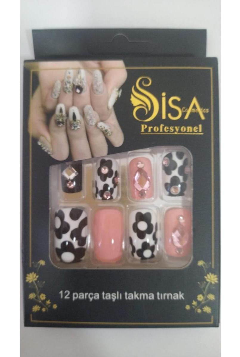 Sisa Çiçekli - Taşlı 12'li Oval Siyah Takma Tırnak