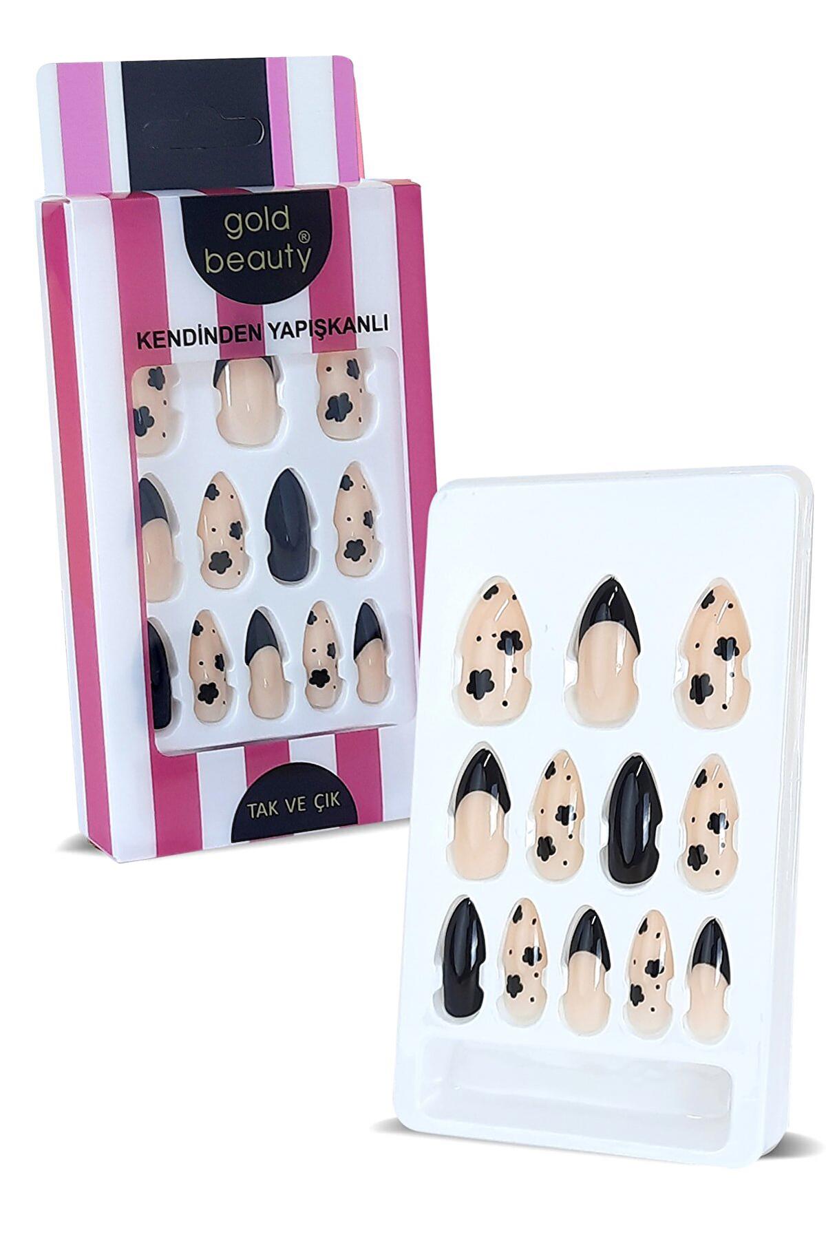 Gold Beauty Parlak 12'li Oval Bej - Siyah Takma Tırnak