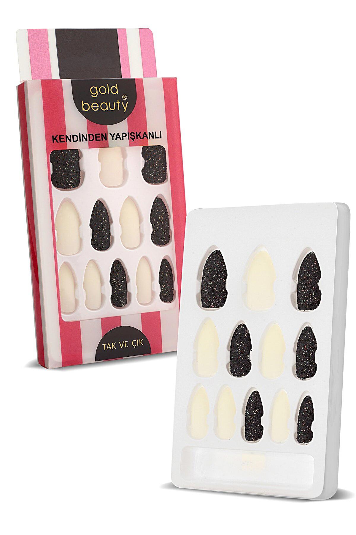 Gold Beauty Simli 12'li Oval Siyah Takma Tırnak