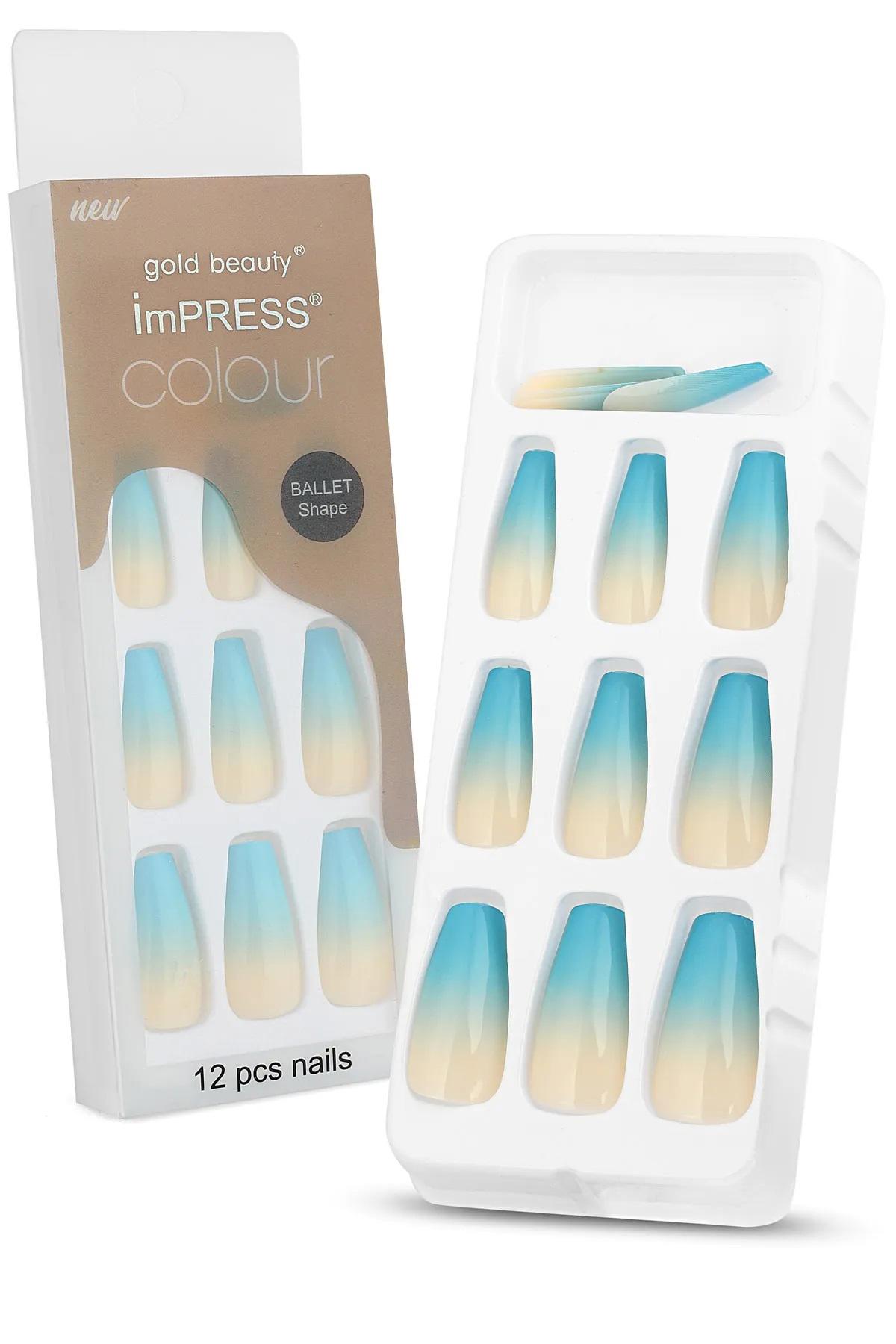 Gold Beauty Parlak 12'li Oval Açık mavi Takma Tırnak