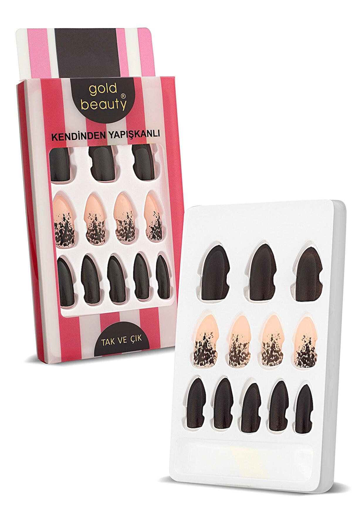 Gold Beauty Parlak 12'li Oval Siyah Takma Tırnak