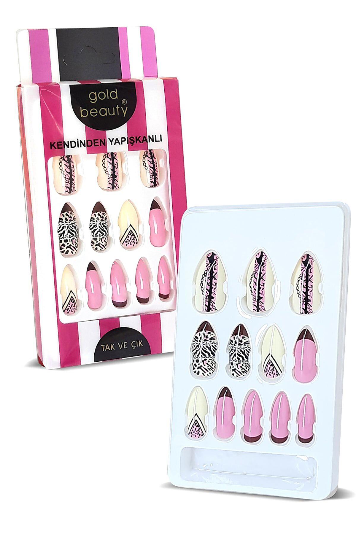 Gold Beauty Leoparlı Mat 12'li Oval Açık Pembe Takma Tırnak