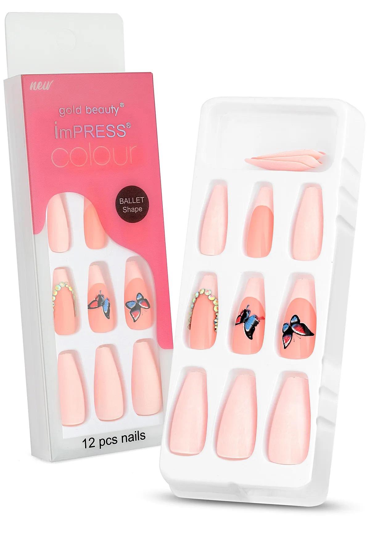 Gold Beauty Kelebekli Parlak 12'li Oval Açık Pembe Takma Tırnak