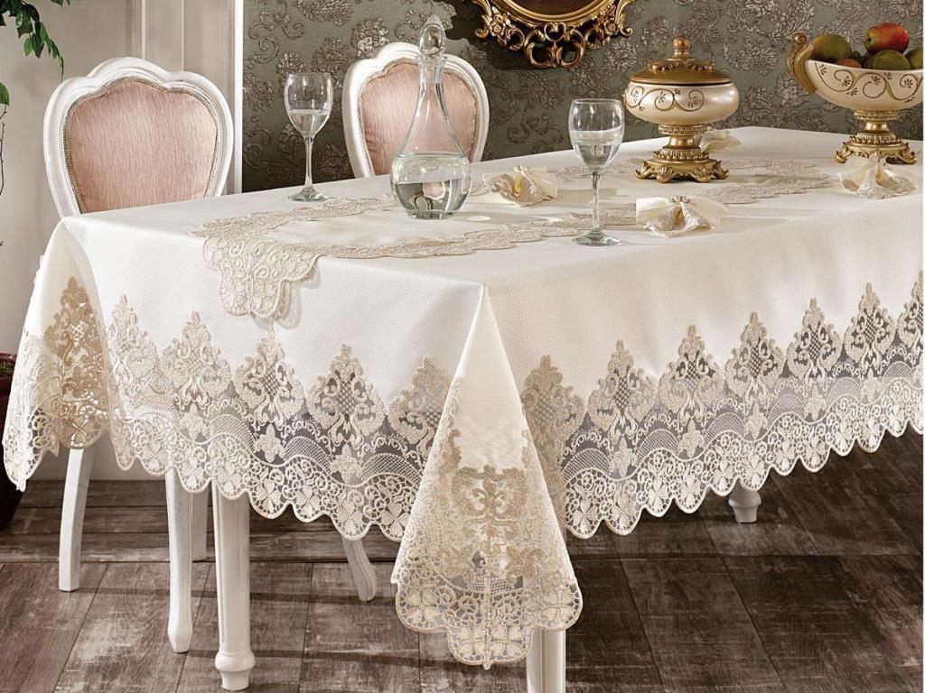 Çeyiz Diyarı Polyester 160 x 260 cm Dikdörtgen Masa Örtüsü Ekru-Gold