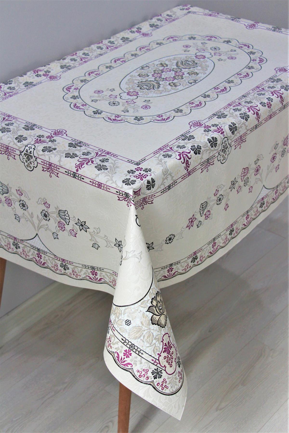Dede Ev Tekstil PVC 120 x 160 cm Dikdörtgen Masa Örtüsü Beyaz-Mor