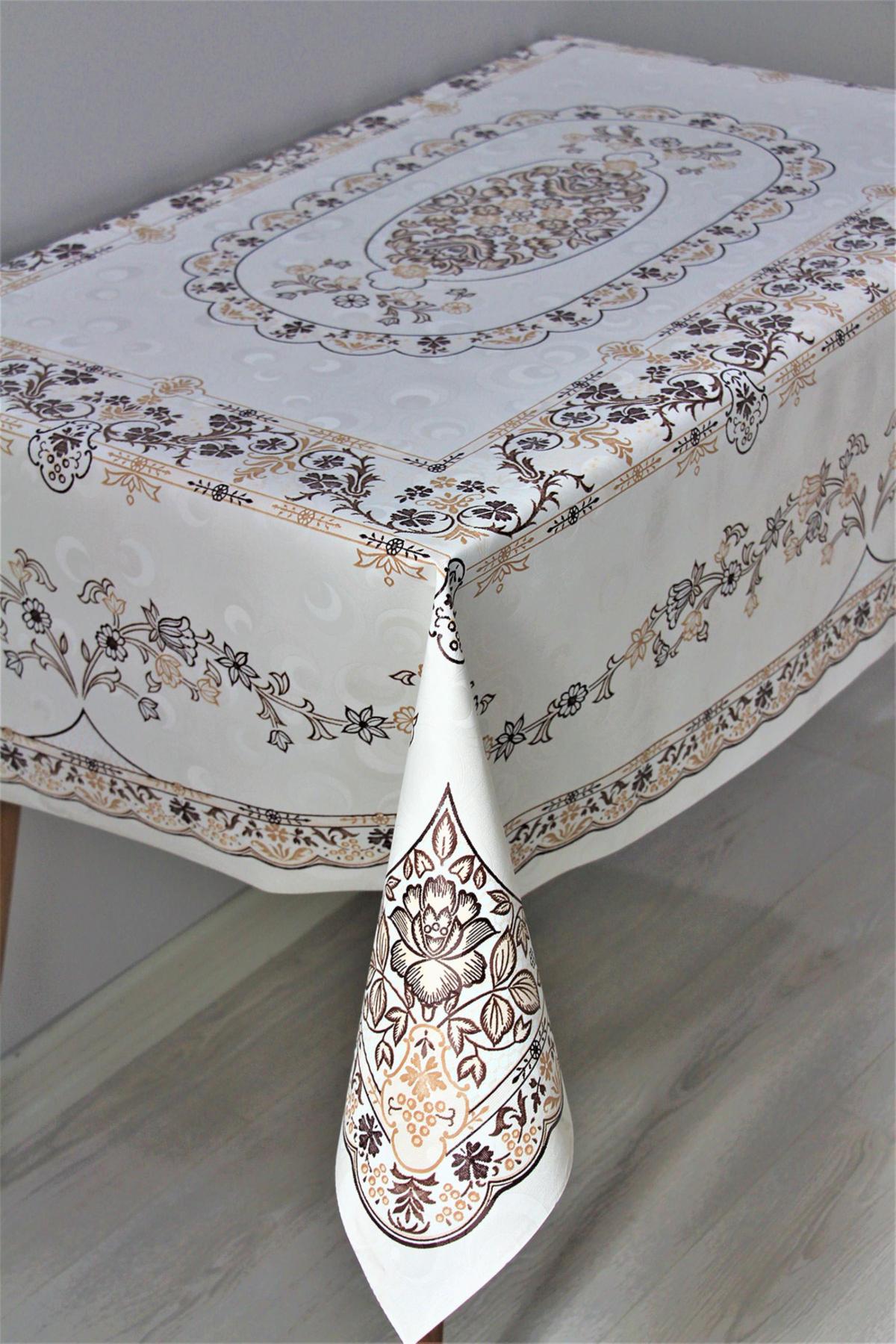 Dede Ev Tekstil PVC 120 x 160 cm Dikdörtgen Masa Örtüsü Beyaz-Kahverengi