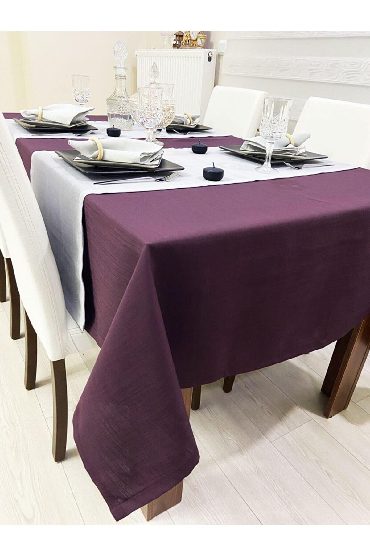Zeren Home Keten 150 x 300 cm Dertsiz Dikdörtgen Masa Örtüsü Mürdüm