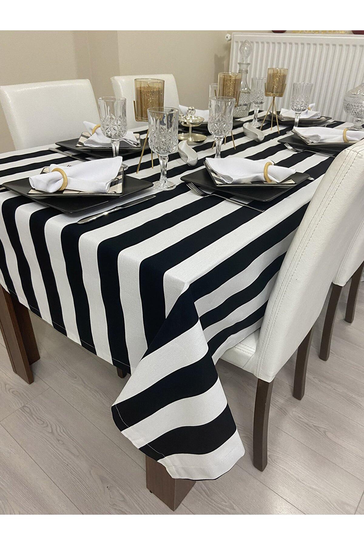 Zeren Home Pamuk 150 x 240 cm Dertsiz Dikdörtgen Masa Örtüsü Beyaz-Siyah