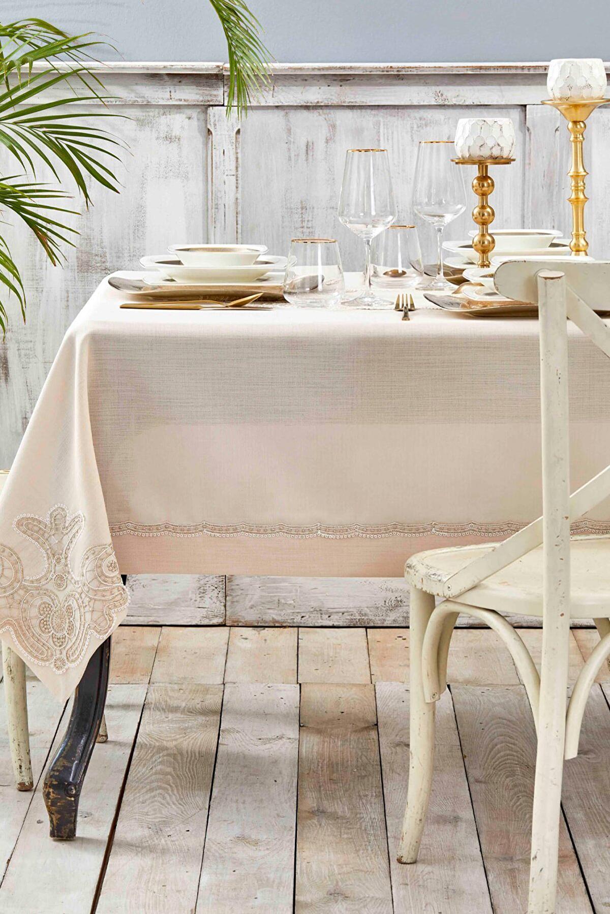 Karaca Home Polyester 160 x 240 cm Dikdörtgen Masa Örtüsü Bej