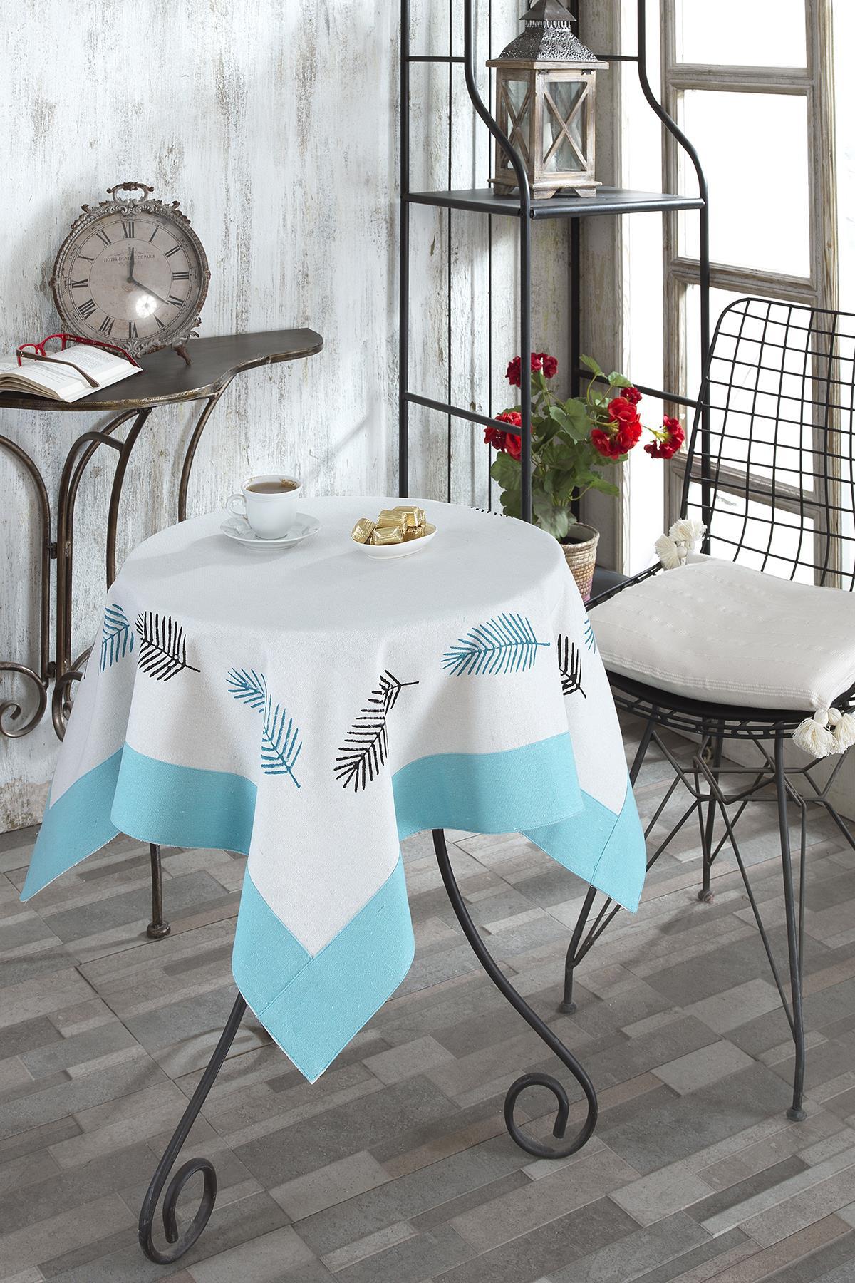 Ödel Home Keten 90 x 90 cm Kare Masa Örtüsü Turkuaz