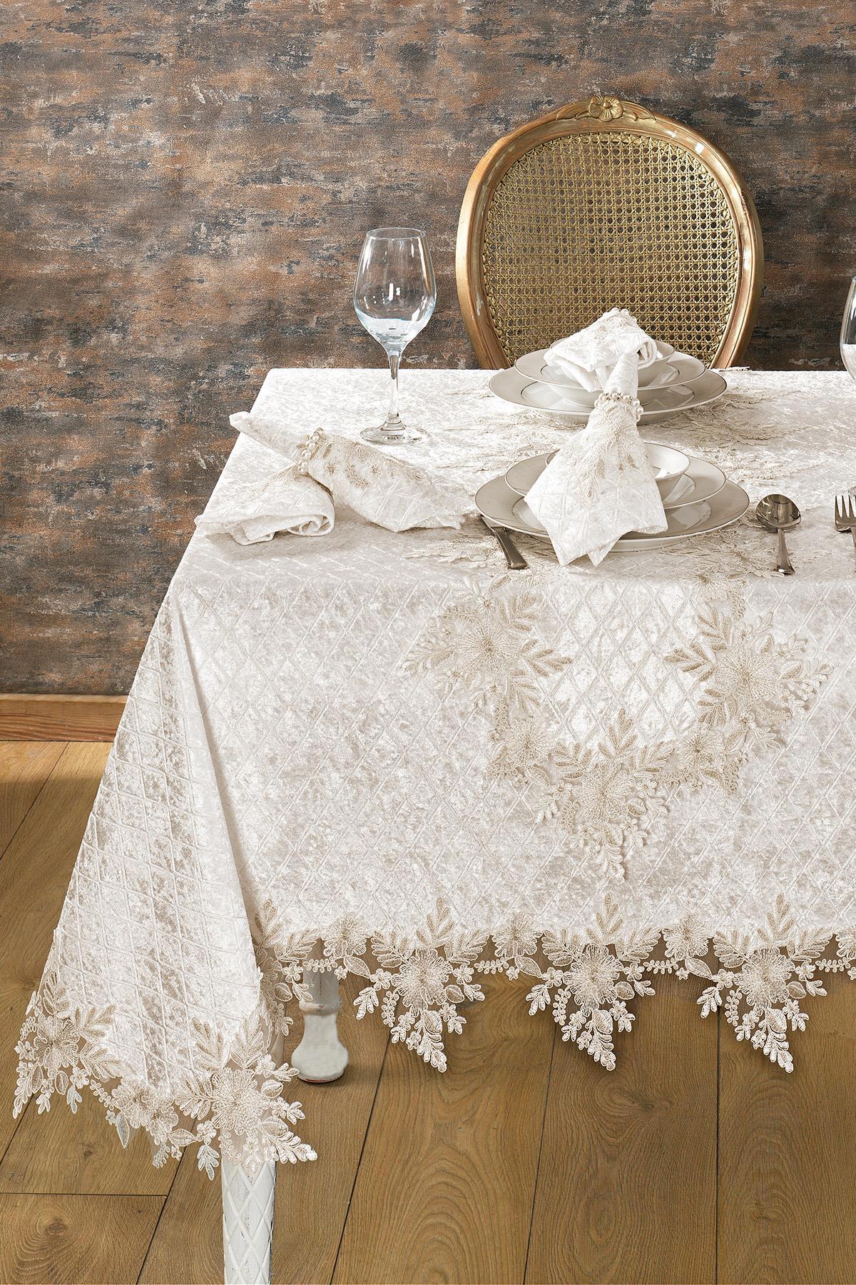 Evlen Home Kadife 160 x 450 cm Dertsiz Dikdörtgen Masa Örtüsü Krem