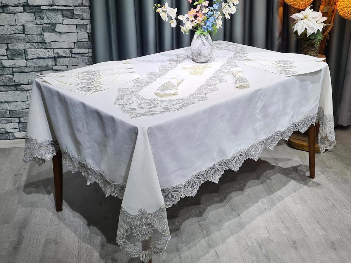 Çeyiz Diyarı Linen 160 x 220 cm Dertsiz Dikdörtgen Masa Örtüsü Beyaz-Gümüş