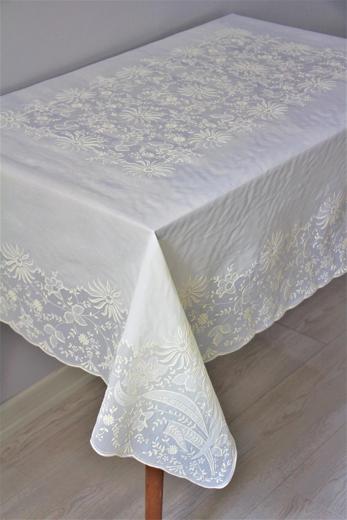 Dede Ev Tekstil PVC 120 x 150 cm Dikdörtgen Masa Örtüsü Beyaz