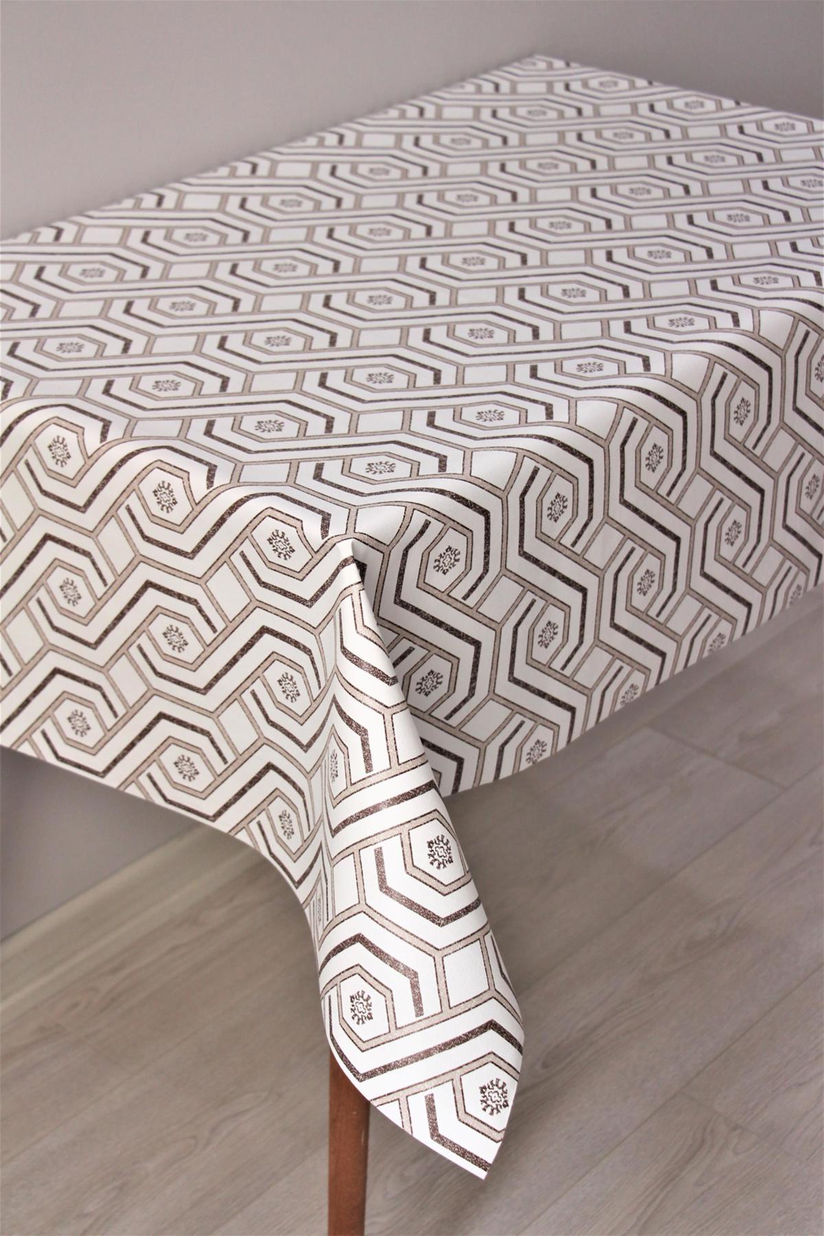 Dede Ev Tekstil PVC 140 x 140 cm Dikdörtgen Masa Örtüsü Beyaz-Kahverengi