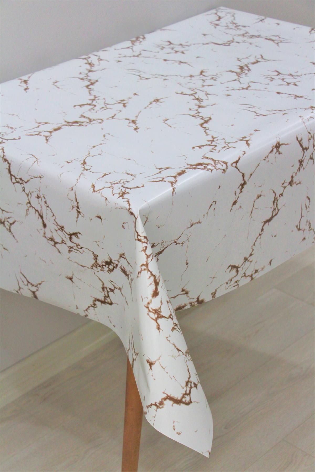 Dede Ev Tekstil PVC 140 x 220 cm Dikdörtgen Masa Örtüsü Beyaz-Kahverengi