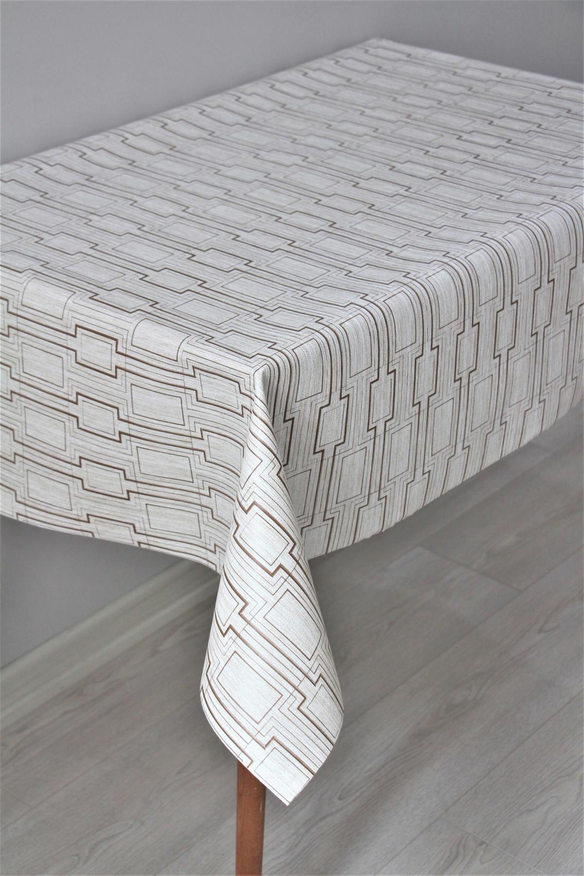 Dede Ev Tekstil PVC 140 x 300 cm Dikdörtgen Masa Örtüsü Beyaz-Kahverengi