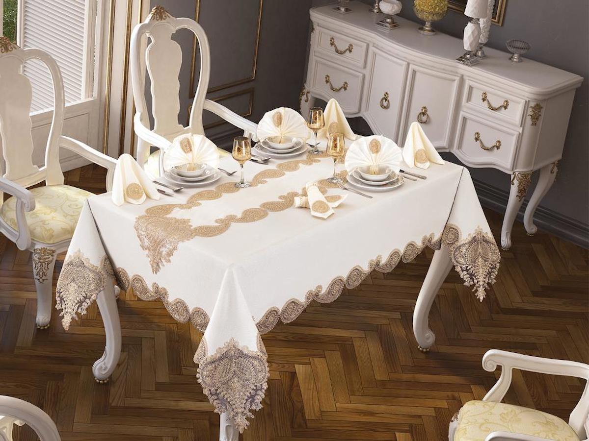 Çeyiz Diyarı Linen 160 x 220 cm Dikdörtgen Masa Örtüsü Gold - Krem
