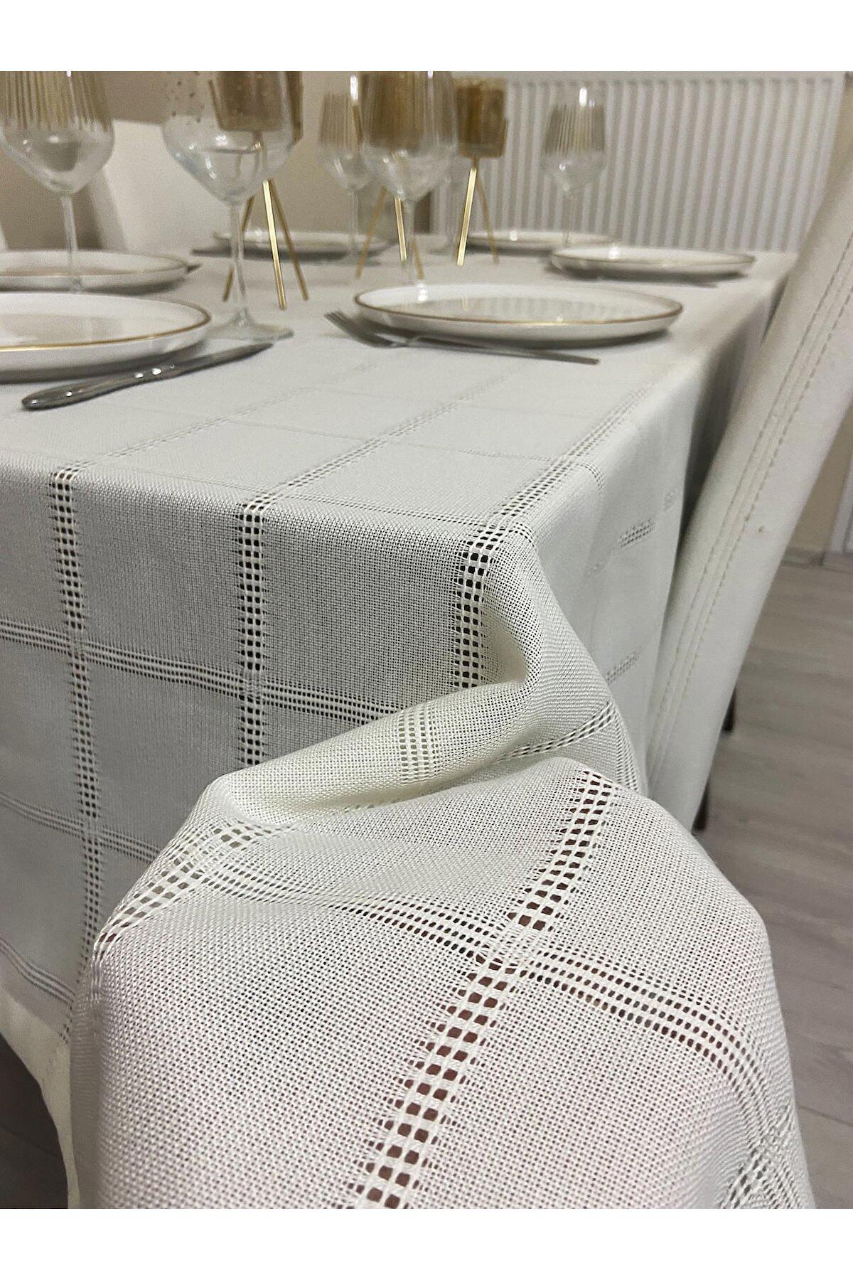 Zeren Home Keten 150 x 300 cm Dertsiz Dikdörtgen Masa Örtüsü Krem