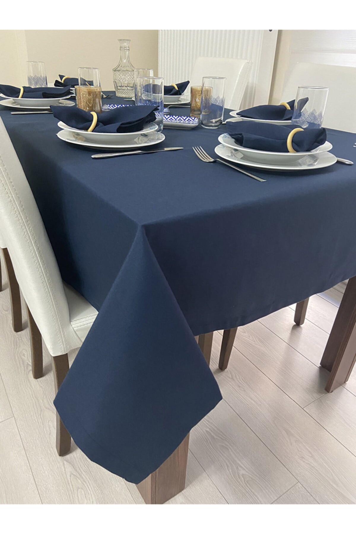 Zeren Home Pamuk-Polyester 150 x 220 cm Dertsiz Dikdörtgen Masa Örtüsü Lacivert