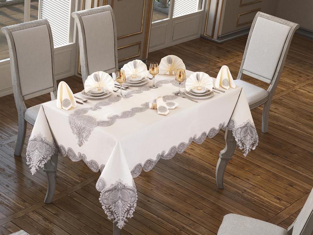 Çeyiz Diyarı Linen 160 x 220 cm Dikdörtgen Masa Örtüsü Gümüş-Krem