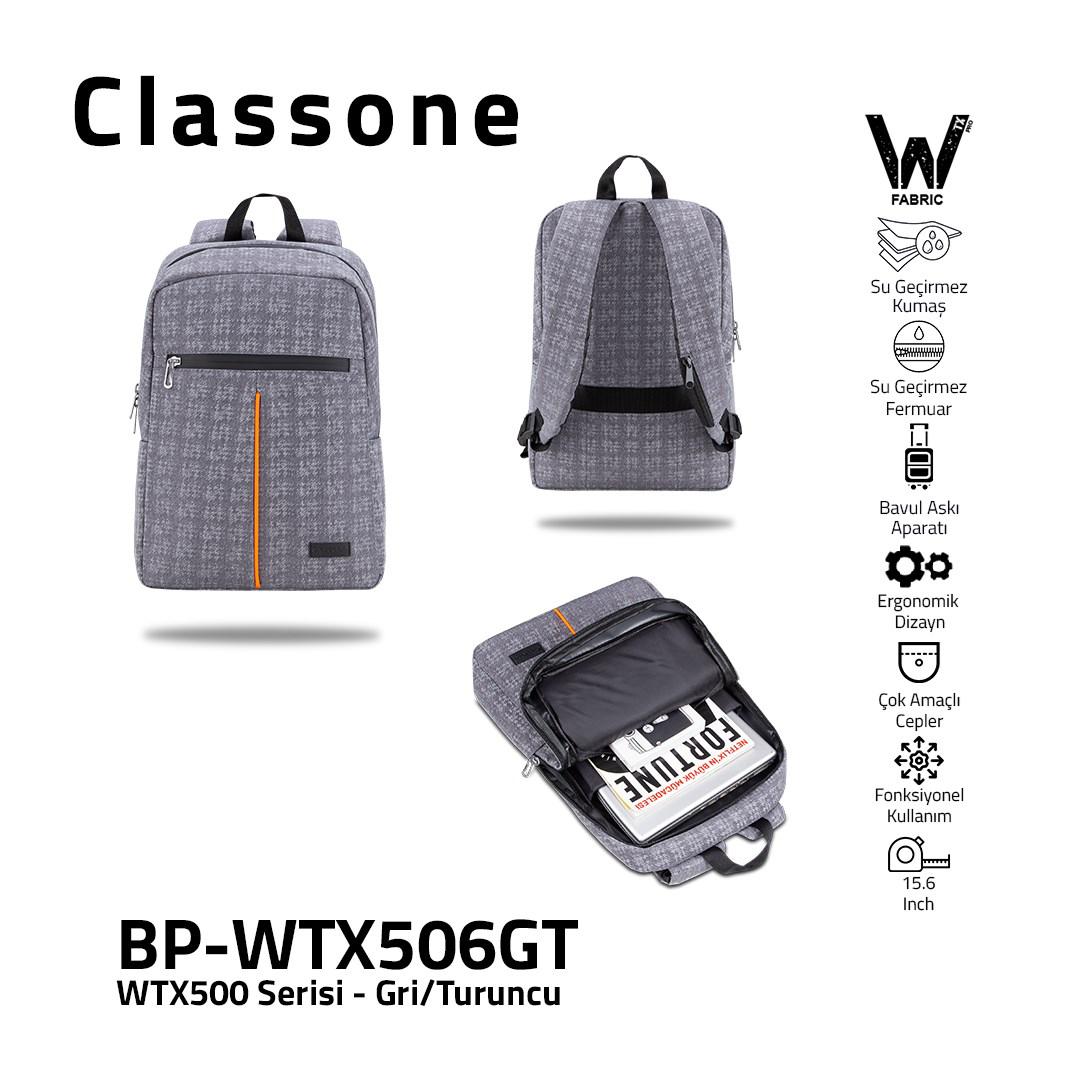 Classone Baskılı 15.6 inç Kumaş Su Geçirmez Laptop Sırt Çantası Gri-Turuncu