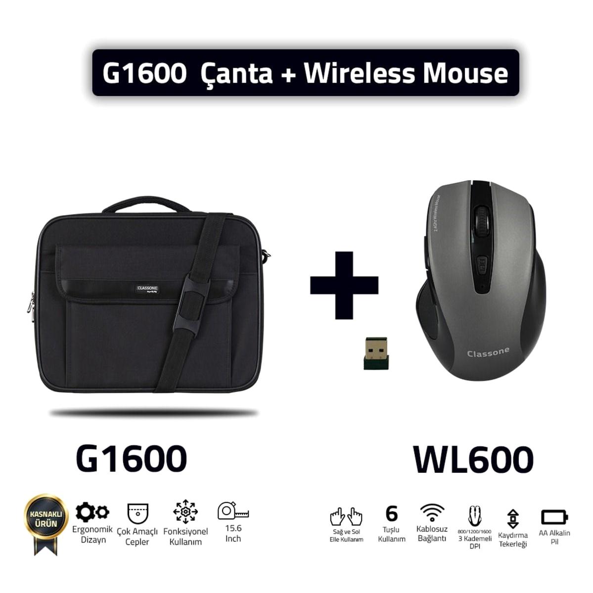 Classone G1600 15.6 inç Kumaş Laptop El Çantası Siyah + Kablosuz Mouse