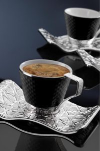 KristalGalerisi 12 Parça Selçuklu Kahve Fincan Takımı - Gümüş Siyah