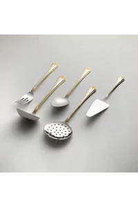 Nehir Fulya Altın Saten Servis Takımı Seti 5 Parça Kepçe Kaşık Kevgir Seti