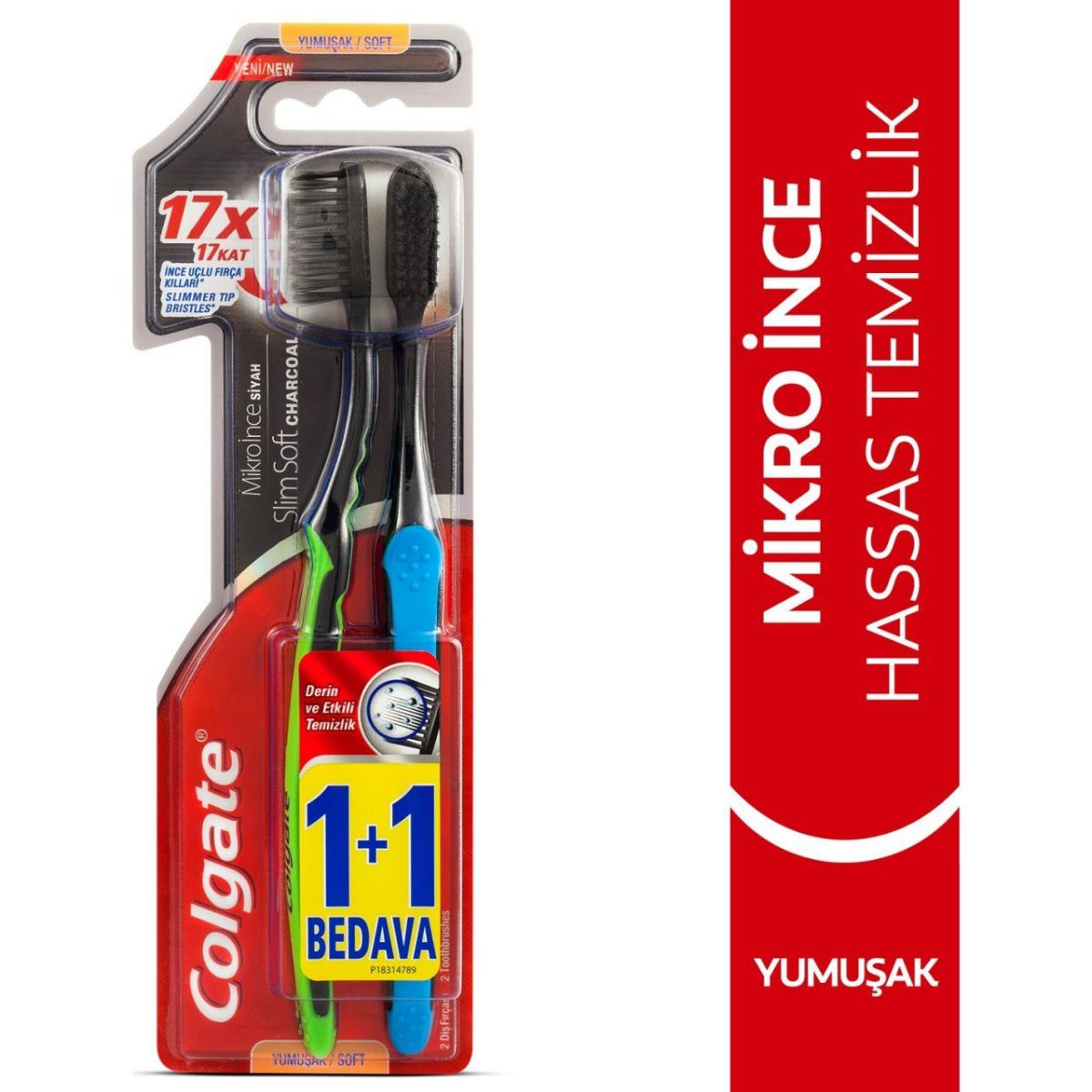 Colgate Mikro İnce Slim Soft Charcoal Diş Fırçası Mavi Yeşil 2'li