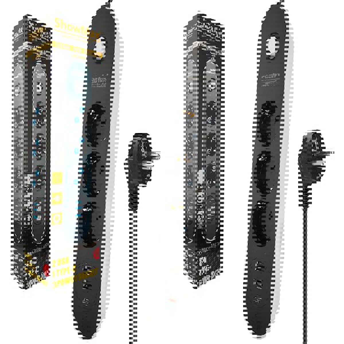 Showmax SH-4628 3lü Akım Korumalı Priz 2 Metre Anahtarlı 10A 2500 Watt 2xusb 1xtype-C