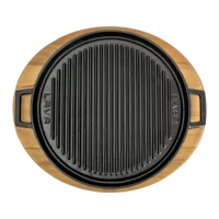 Lava Döküm Yuvarlak Çift Yön Izgara Tavası Kayın Servis Ahşabı Döküm Demir Yekpare Çift Kulplu Çap(Ø)34Cm.