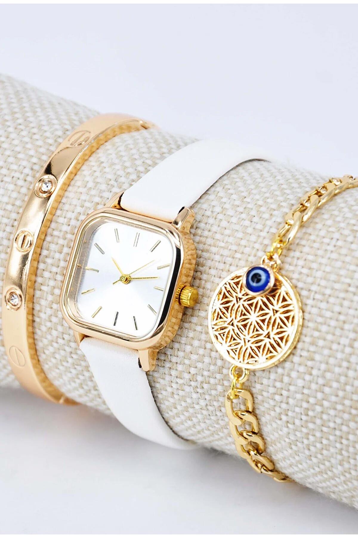 Hayat Ağacı ve Taşlı Bileklikli Beyaz Deri Kordon Hediyelik Kadın Kol Saati SU-914