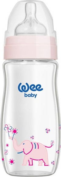 Wee Baby 141 Cam Yenidoğan Yavaş Akışlı Kulpsuz 0-6 Ay Desenli Pembe Yuvarlak Uçlu Bebek Biberon 280 ml