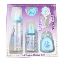 Hanymish Polipropilen Yenidoğan Kulpsuz 0+ Ay Desenli Mavi Yuvarlak Uçlu Bebek Biberon Seti 125 ml + 240 ml