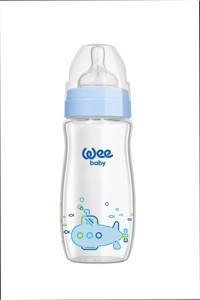 Wee Baby Klasik Plus Cam Gaz Yapmayan Antikolik Yenidoğan Yavaş Akışlı Kulpsuz 0-6 Ay Desenli Mavi Yuvarlak Uçlu Bebek Biberon 280 ml