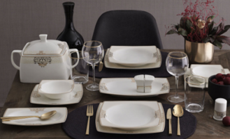 Güral Porselen Caroline 5686 62 Parça 12 Kişilik Desenli Porselen Kare Yemek Takımı