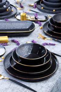 Acar Royal Black 27 Parça 6 Kişilik Desenli Stoneware Yuvarlak Yemek Takımı