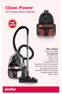 Simfer SK-6301 800 W Hepa Filtreli 2.5 lt Kapasiteli Toz Torbasız Süpürge Kırmızı