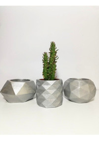 Florada Dekoratif 3 Adet Gümüş Beton Saksı Seti