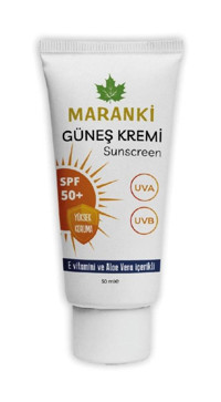 Maranki Renkli 50 Faktör Tüm Ciltler İçin Leke Karşıtı Nemlendirici Ton Eşitleyici Yaşlanma Karşıtı Kapatıcılı Suya Dayanıklı Yüz Güneş Kremi 100 ml