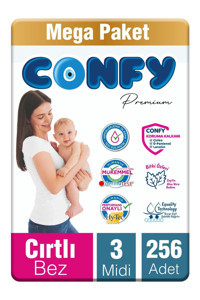 Confy Premium Mega Paket 3 Numara Organik Bantlı Bebek Bezi 256 Adet