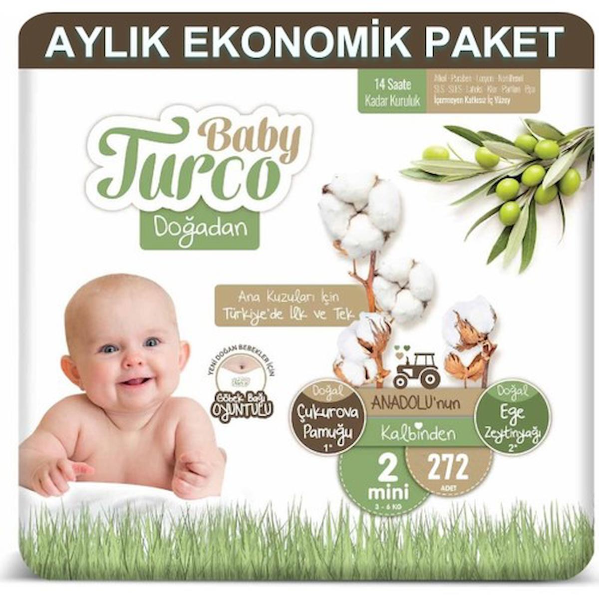 Baby Turco Aylık Ekonomik Paket 2 Numara Organik Cırtlı Bebek Bezi 272 Adet