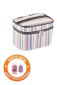 Relıance Pembe Çizgili Polyester Küçük Boy Çok Gözlü Seyahat Makyaj Çantası