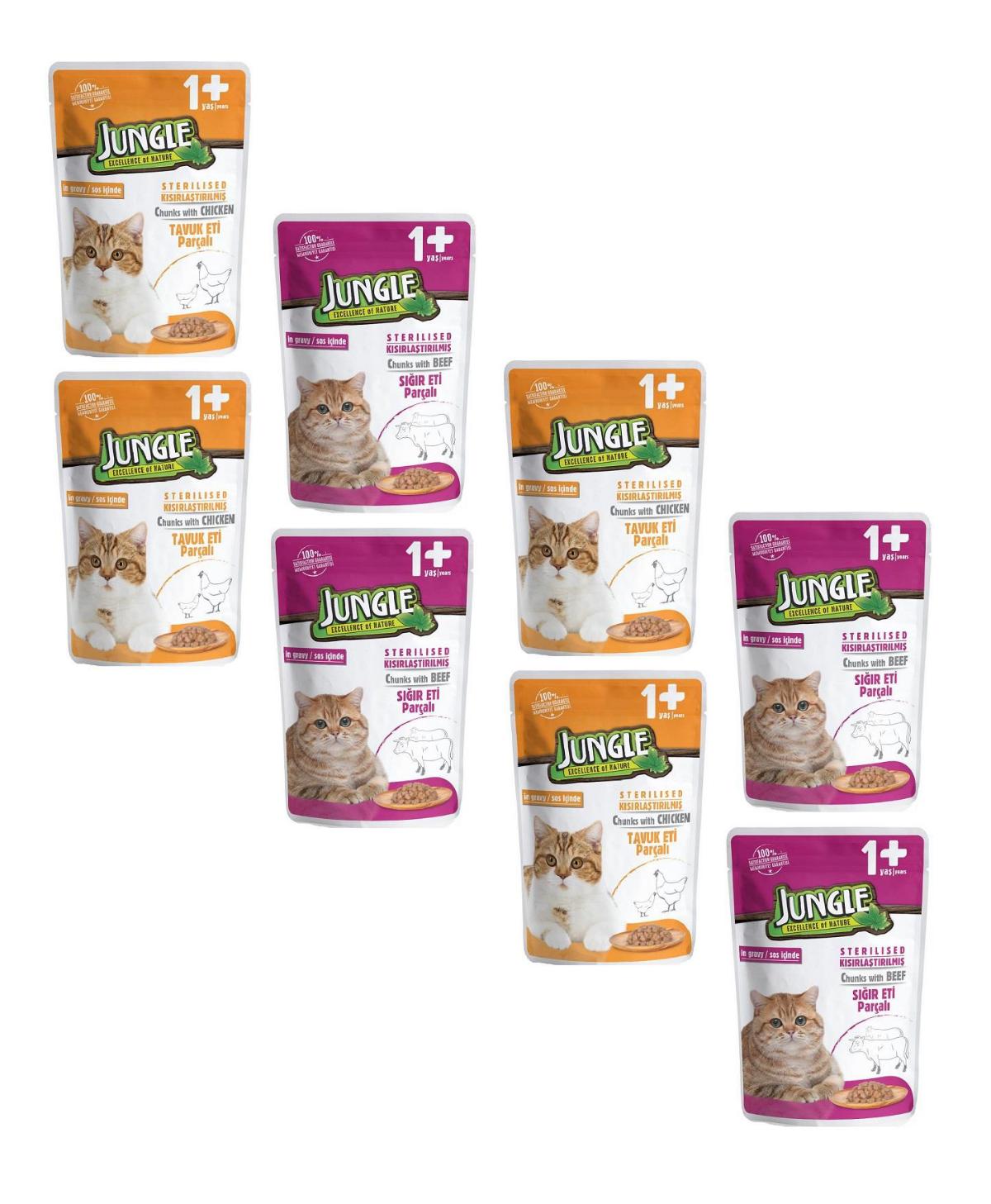 Jungle Pouch Kısırlaştırılmış Biftek Tavuk Soslu Yetişkin Yaş Kedi Maması 8x100 gr