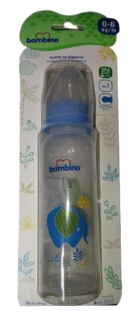 Bambino Silikon Yenidoğan Yavaş Akışlı 0-6 Ay Desenli Mavi Biberon 250 ml