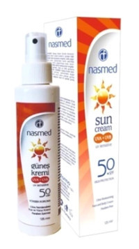 Nasmed 50 Faktör Tüm Ciltler İçin Leke Karşıtı Nemlendirici Yağsız Suya Dayanıklı Yüz ve Vücut Güneş Kremi 125 ml
