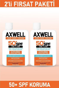Axwell 50 Faktör Tüm Ciltler İçin Leke Karşıtı Nemlendirici Yağsız Suya Dayanıklı Yüz ve Vücut Güneş Kremi 2x100 ml