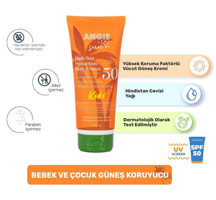 Angie Kids 50 Faktör Tüm Ciltler İçin Leke Karşıtı Nemlendirici Yağsız Suya Dayanıklı Yüz ve Vücut Güneş Kremi 200 ml