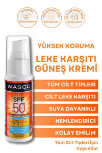 Wasco Sun Protection 50 Faktör Tüm Ciltler İçin Leke Karşıtı Nemlendirici Aydınlatıcı Yağsız Suya Dayanıklı Yüz ve Vücut Güneş Kremi 50 ml